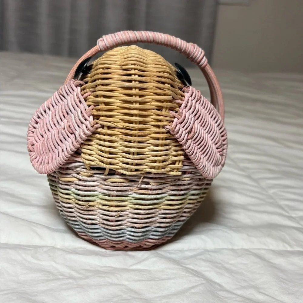 Vintage Woven Easter Bunny Basket with Pink, Blue, and Tan Accents
